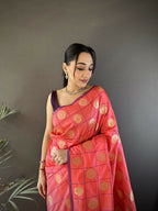 Joban Fashion Pink Checked & Circular Motifs Soft Silk Banarasi Saree | Grocsy