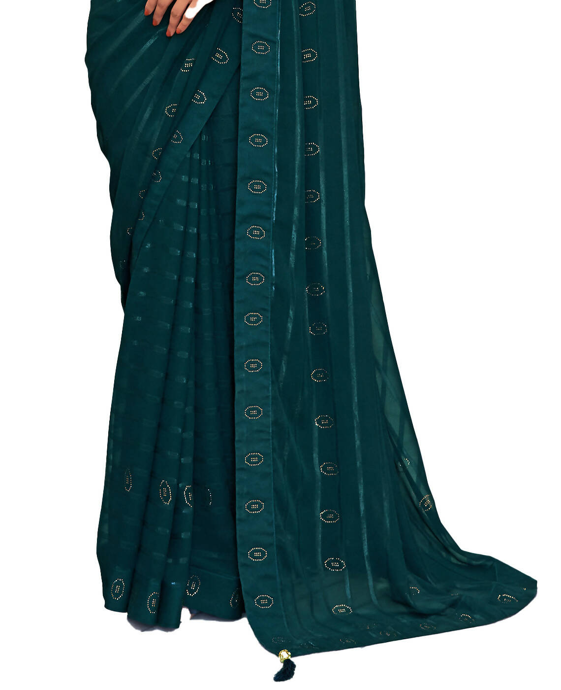 Teal Georgette Swaroski Work Saree With Unstitched Blouse Piece - Juhi | Grocsy