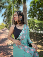 Vamsee Chinon Panchi Sea Green Shimmer Saree | Grocsy