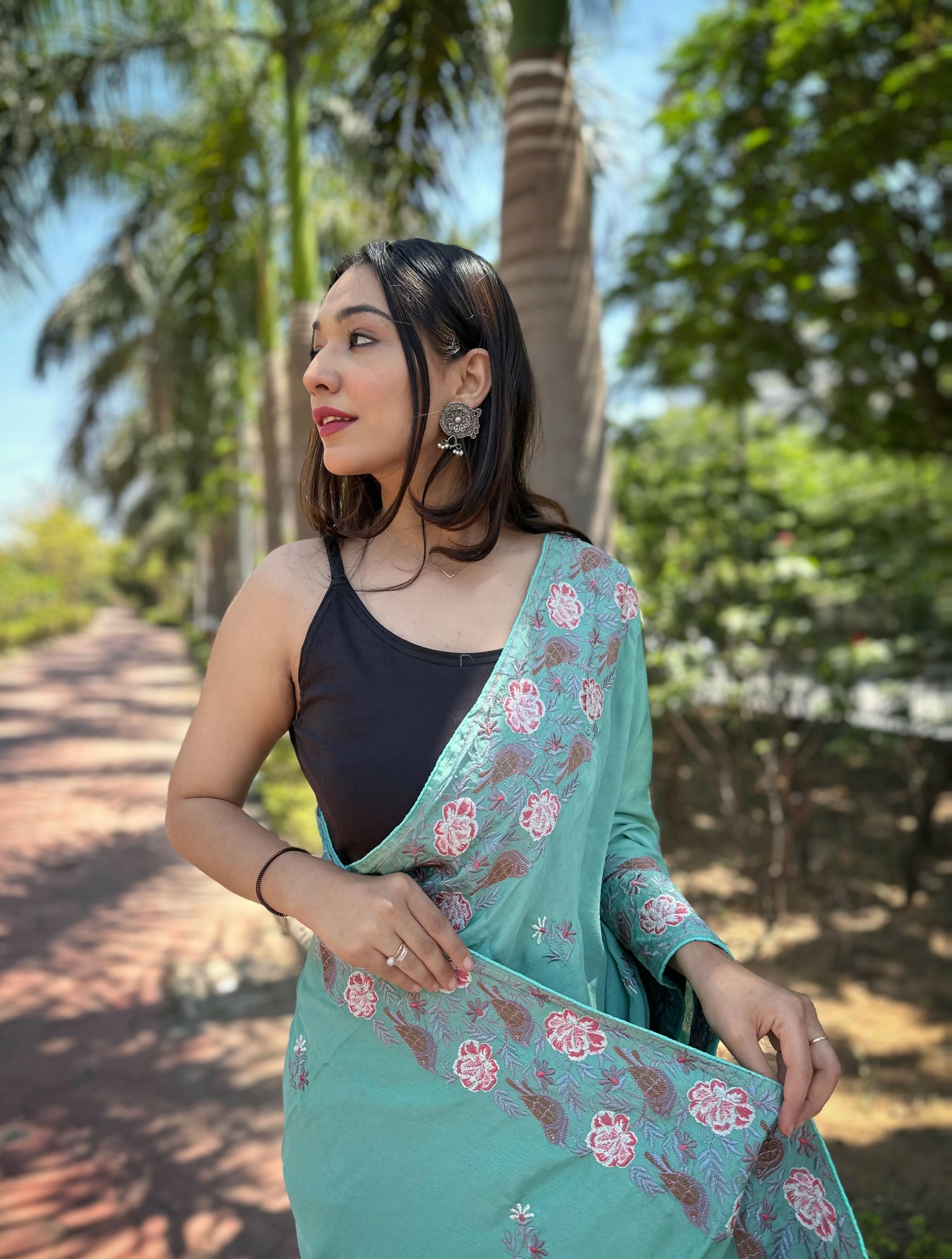 Vamsee Chinon Panchi Sea Green Shimmer Saree | Grocsy