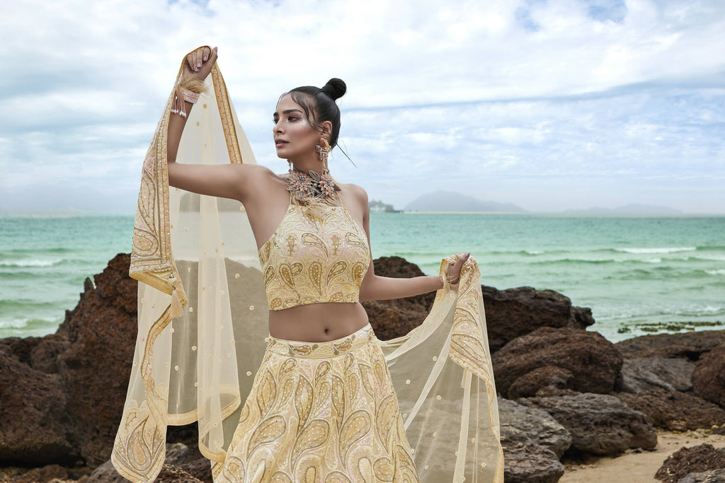 House of Panchhi Cream Net Multi Sequins with heavy Zarkan embroidery Lehenga choli & Dupatta | Grocsy