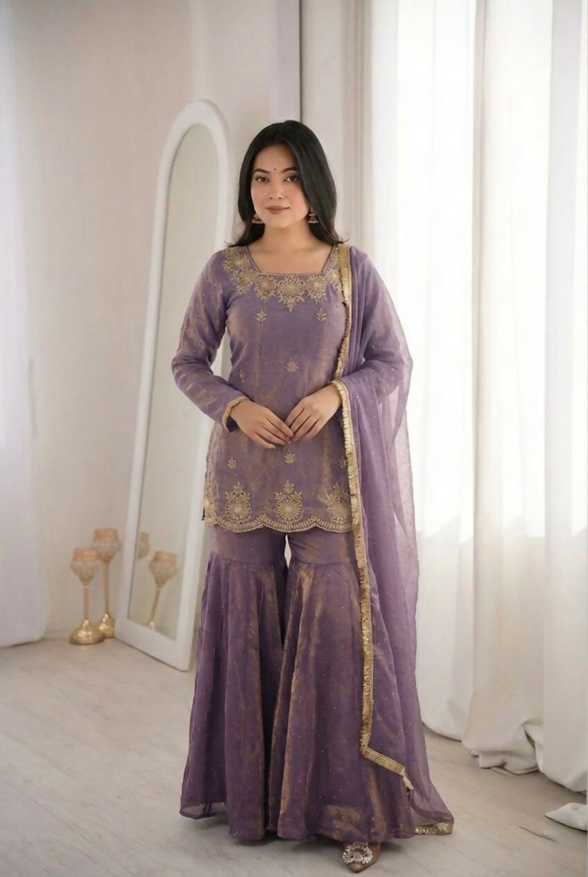 Teeya Creation Womens New Fancy Embroidery Sequence Work With Zarkan Diamond Work Lavender Kurta Set | Grocsy