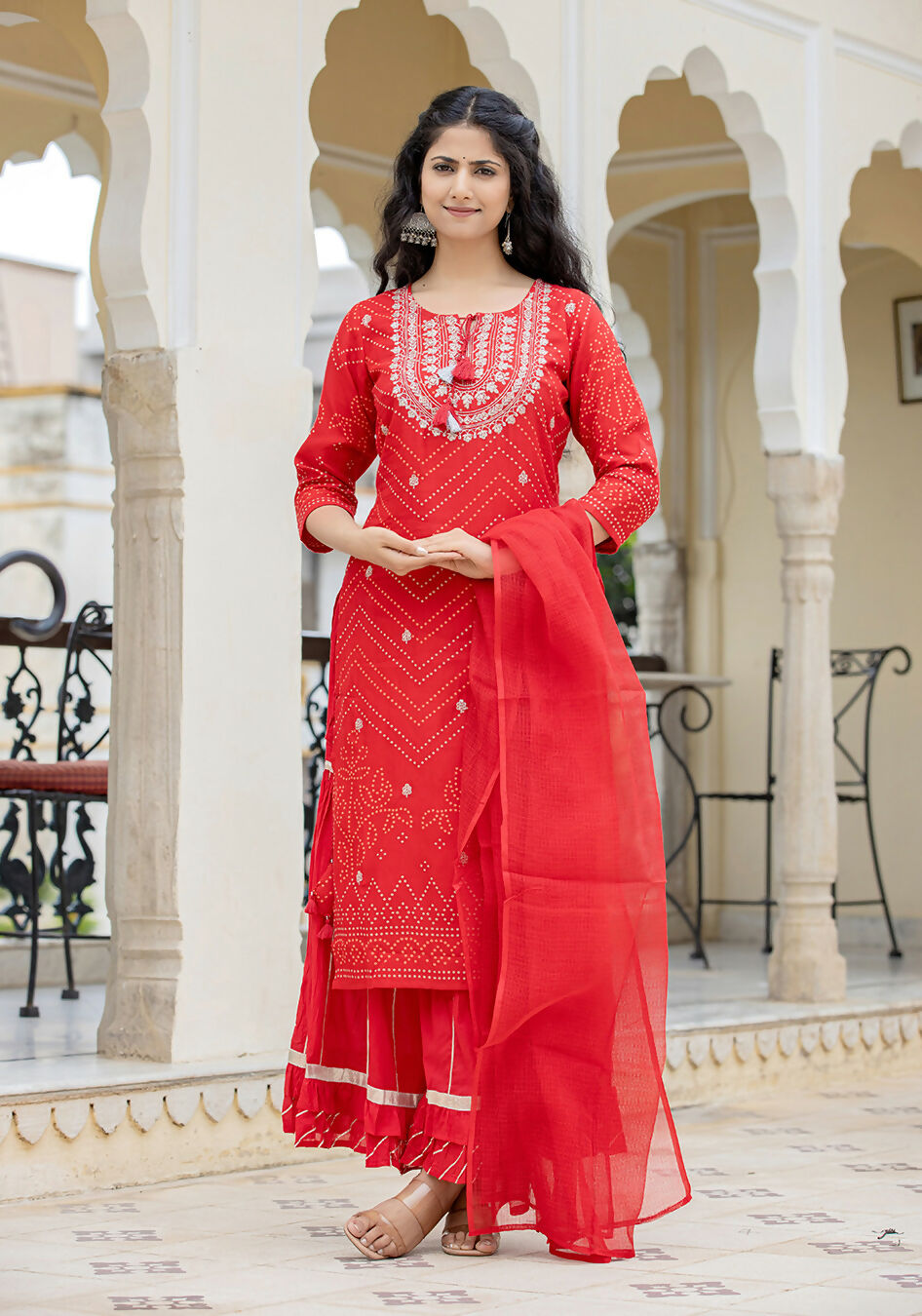 Kaajh Women's Red Embroidered Cotton Kurta Sharara Set With Dupatta | Grocsy