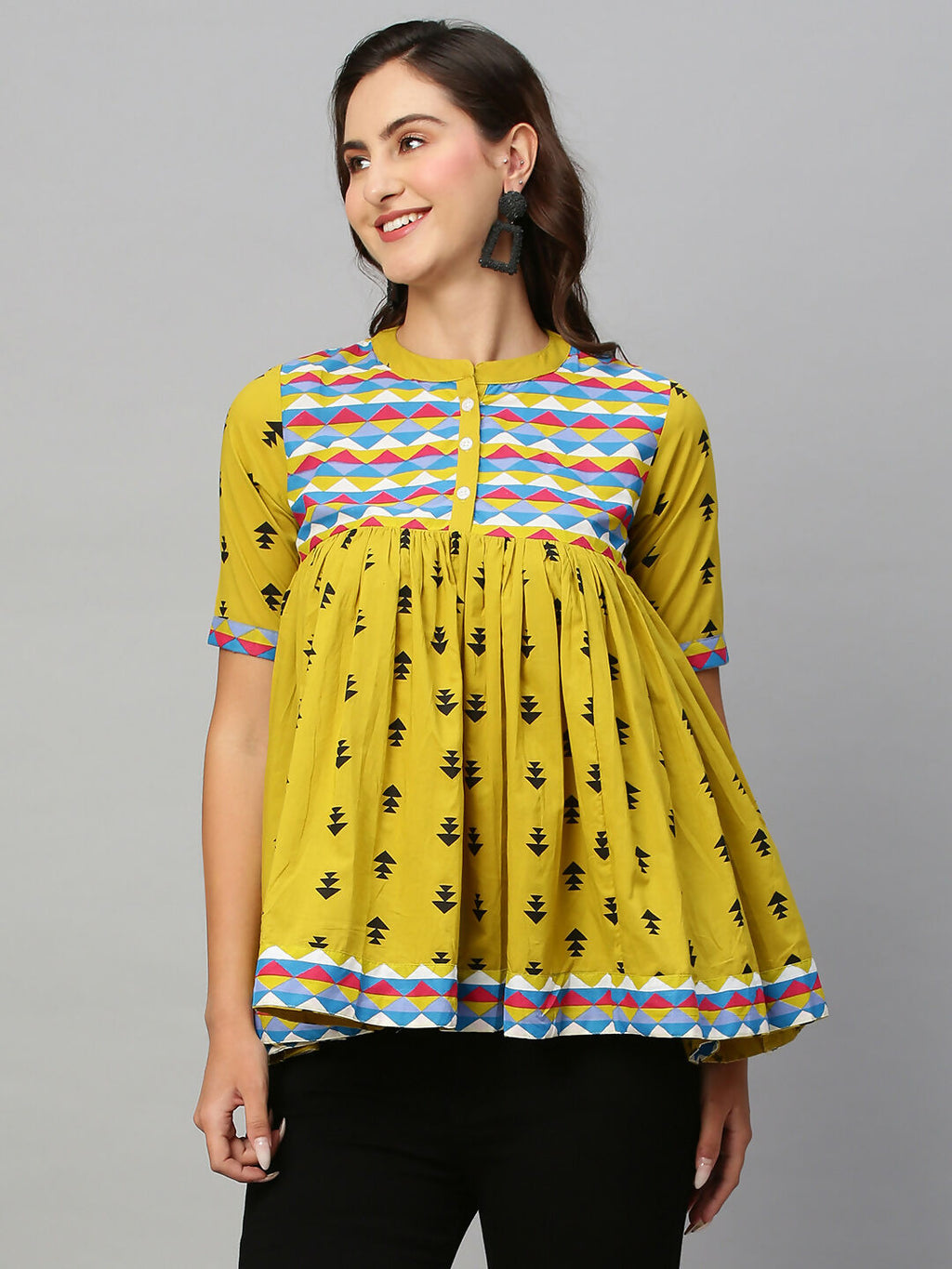 Olive Green & Black Pure Cotton Printed A-Line Top - Bosky | Grocsy