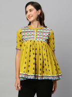 Olive Green & Black Pure Cotton Printed A-Line Top - Bosky | Grocsy