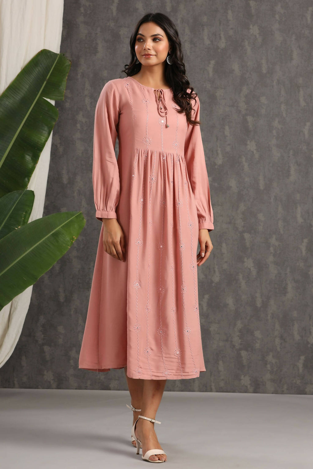 Juniper Womens Onion Pink Rayon Solid Maxi Dress With Mirror Embroidery And Full Sleeve | Grocsy