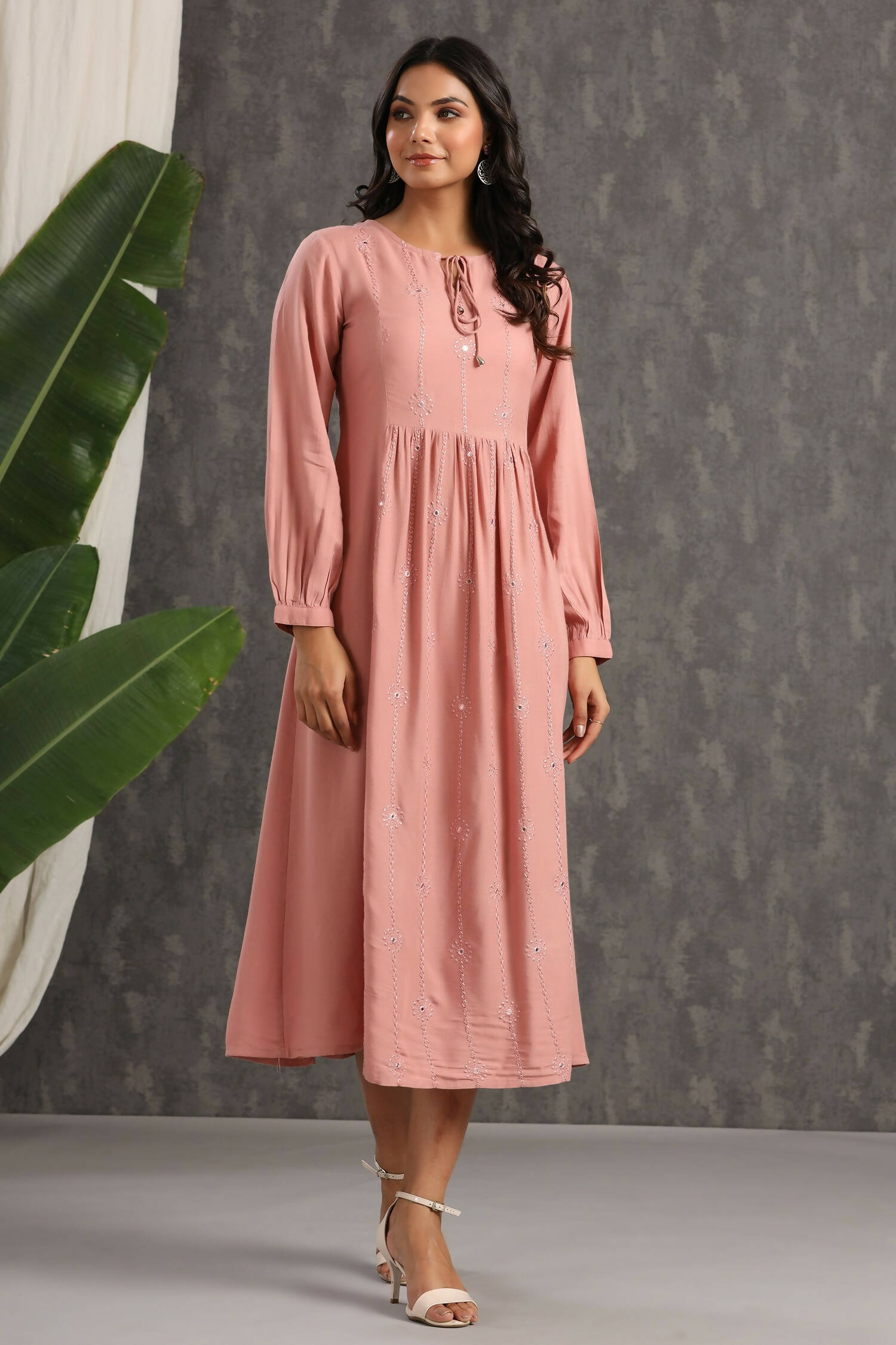 Juniper Womens Onion Pink Rayon Solid Maxi Dress With Mirror Embroidery And Full Sleeve | Grocsy
