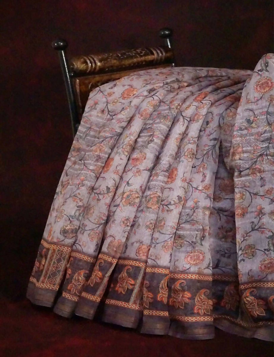 Baby Brown Mix With Pink Floral Design Printed Semi Chanderi Saree By Gayathri Reddy Designer Studio | Grocsy
