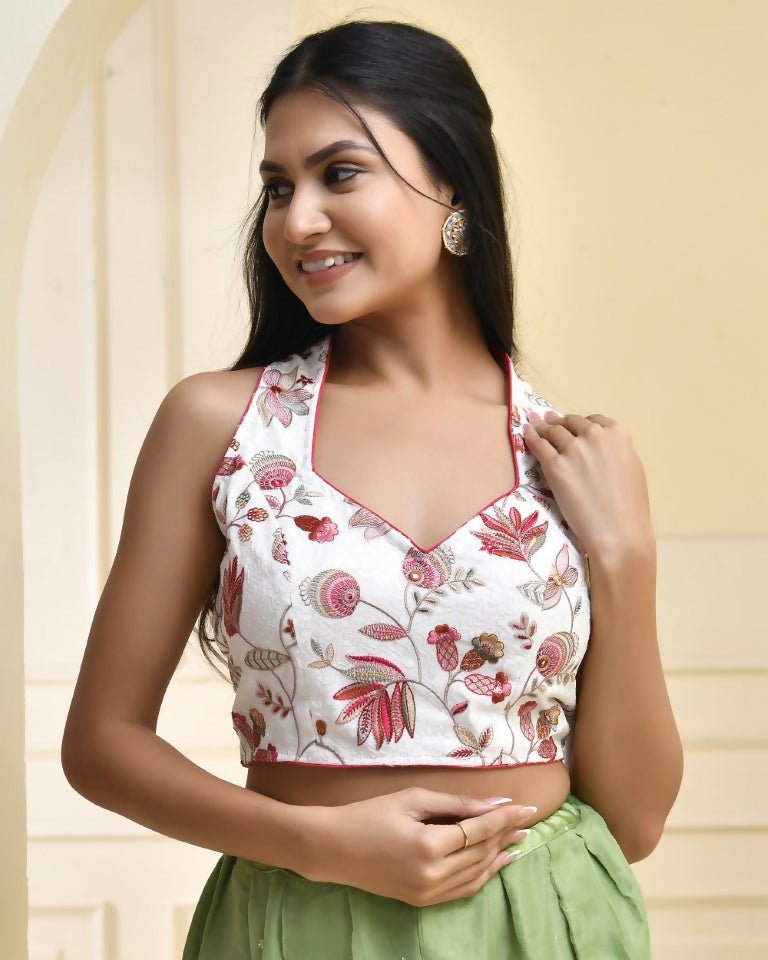 Amodini Designer Studio Floral White Halter Neck Sequined Blouse | Grocsy
