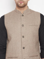 Even Apparels Beige Wool Men Woven Nehru Jacket | Grocsy