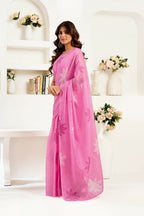 Joban Fashion Pink Floral Linen Ready To Wear Saree With Unstitched Blouse | Grocsy