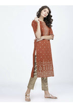 Indian Clothing Cheera Embellished Daily Wear Cotton Blend Kurta - Brown | Grocsy