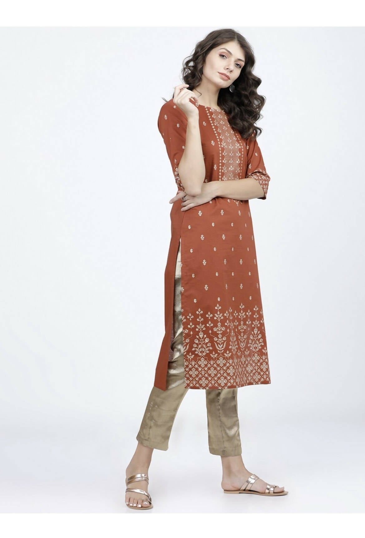 Indian Clothing Cheera Embellished Daily Wear Cotton Blend Kurta - Brown | Grocsy