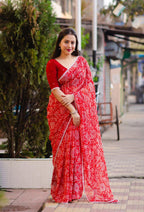 Red Poly Georgette Ethnic Motifs Saree with Unstitched Blouse - A2M | Grocsy