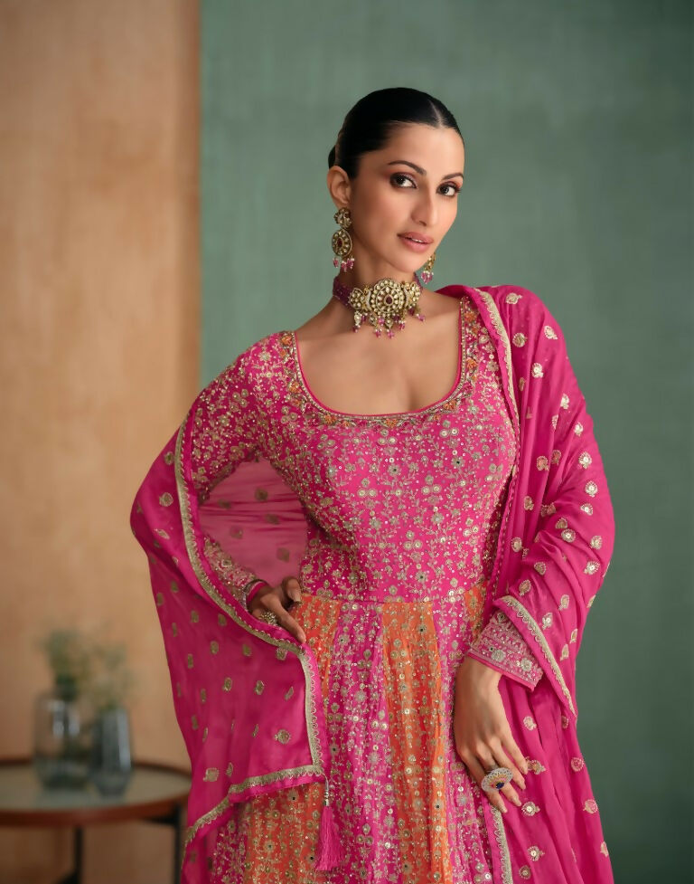 Vastranavya Pink Embroidered Sequence Work With swarovski Diamond Anarkali Salwar Suit Set | Grocsy