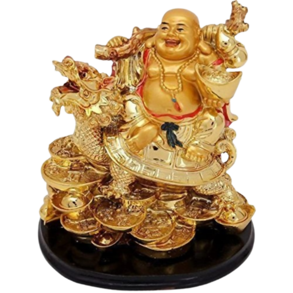 GJ Golden Laughing Buddha with Dragon & Coins Statue | Grocsy