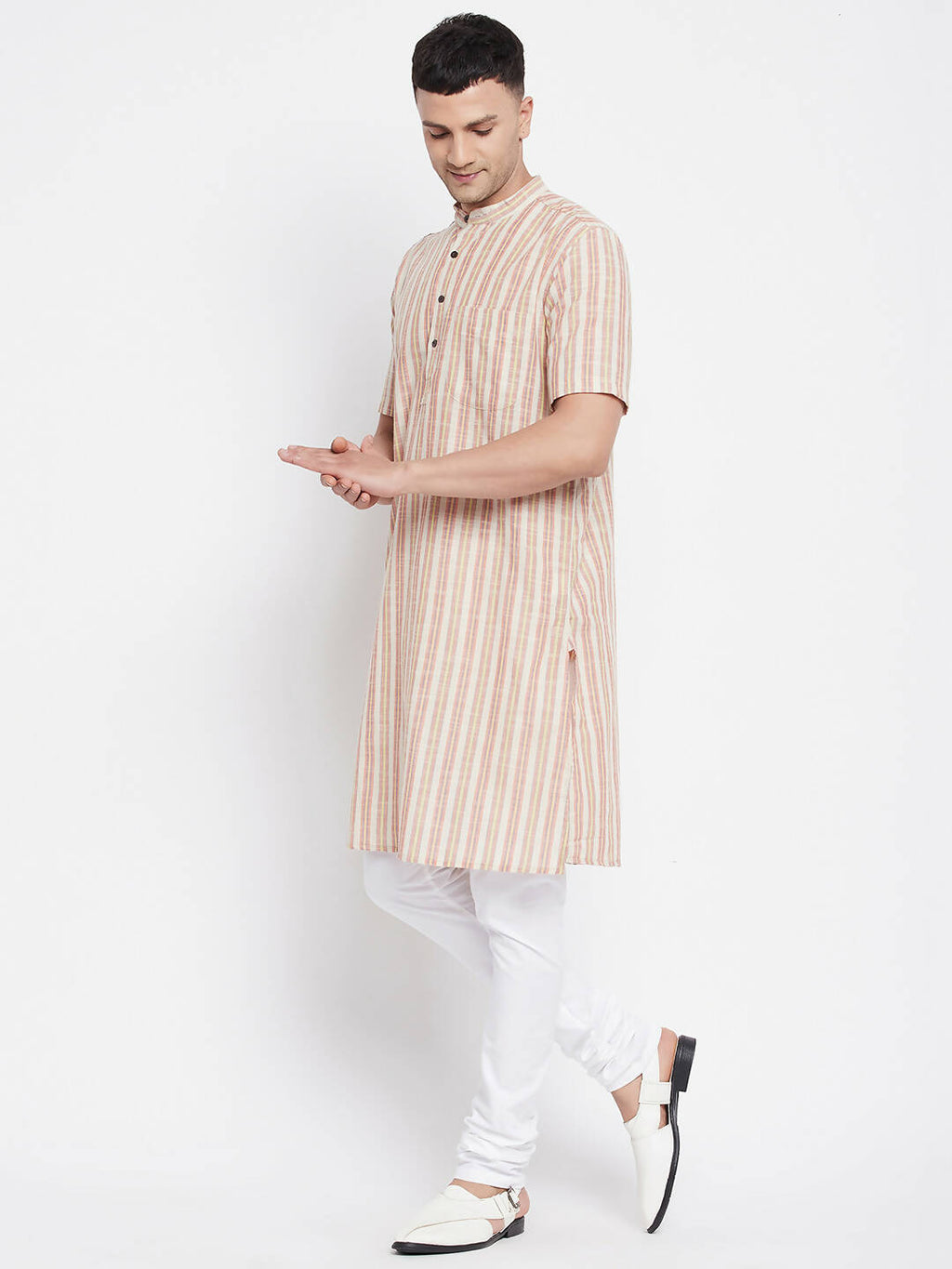 Even Apparels Yellow Pure Cotton Men's H/S Kurta With Band Collar | Grocsy