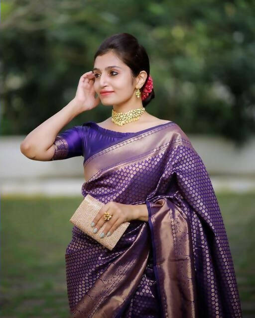 DEIANA'S Beautiful Designer Golden zari Soft Lichi Silk Saree - Purple | Grocsy