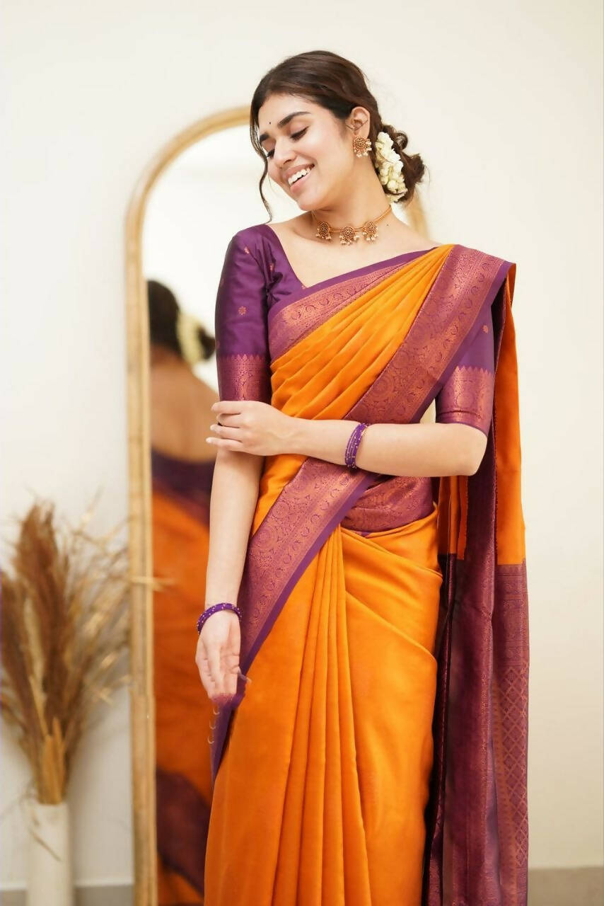 DEIANA'S Beautiful Designer Golden zari Soft Lichi Silk Saree - Yellow | Grocsy