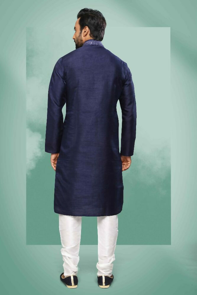 Raivat Ethnic Art Silk Mirror Embroidery Work Kurta Pajama In Blue Colour | Grocsy