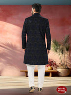 Joban Fashion Men's Blue Base Straight Velvet Thread And Sequence Embroidary All Over Indo-Western Kurta Set | Grocsy
