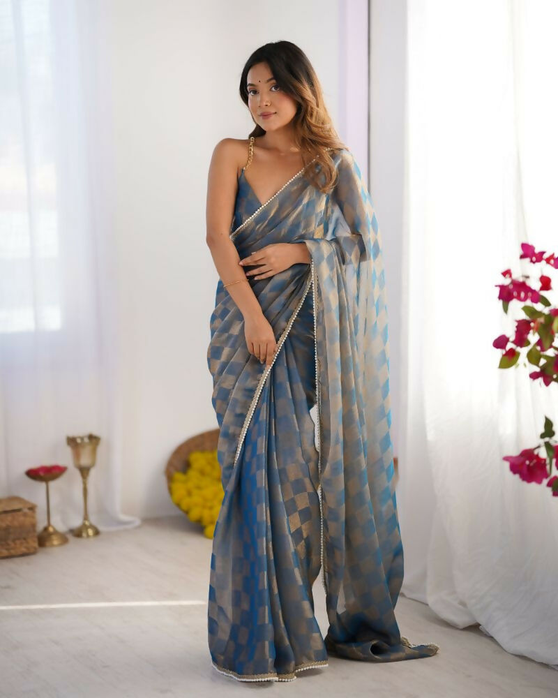 NC Chiffon Chex Wevon Chex Designer, Lace Party Wear Saree - Blue | Grocsy