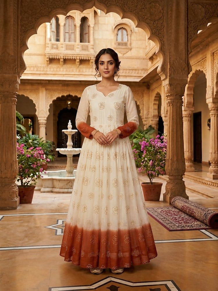 Teeya Creation Rust and White Gradient Anarkali Gown with Gold Floral Motifs | Grocsy