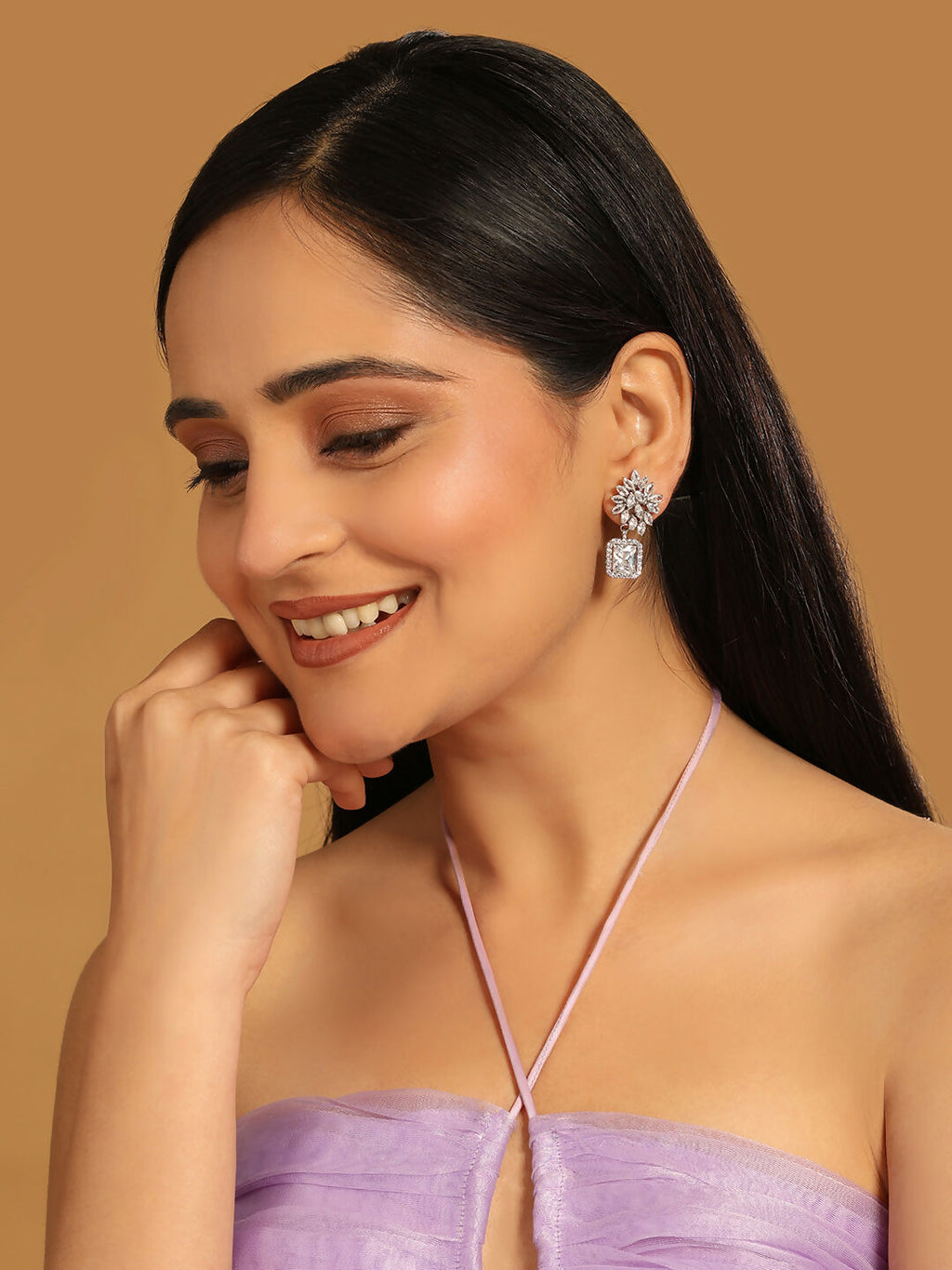 Nuyug Rhodium-Plated Rhinestone Studded Floral Minimal Cotemporary Studs | Grocsy