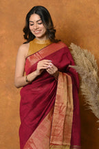 Very Much Indian Handloom Pure Cotton Linen Saree With Golden Border - Maroon | Grocsy