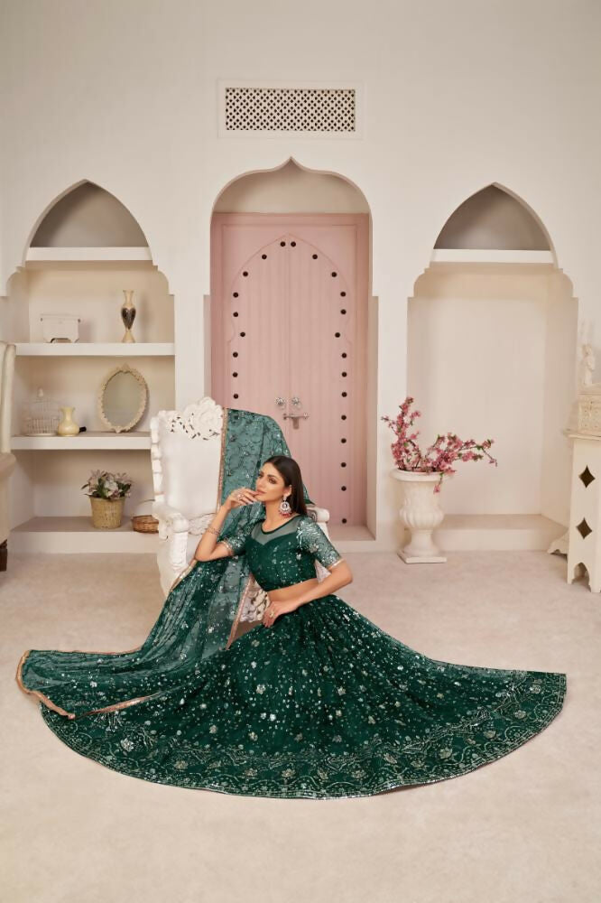 Aastha Fashion Parrot Green Butterfly Net All Over Thread Work, Zari Work And Sandwich Sequence Work Embroidery Wedding Wear Lehenga Choli | Grocsy