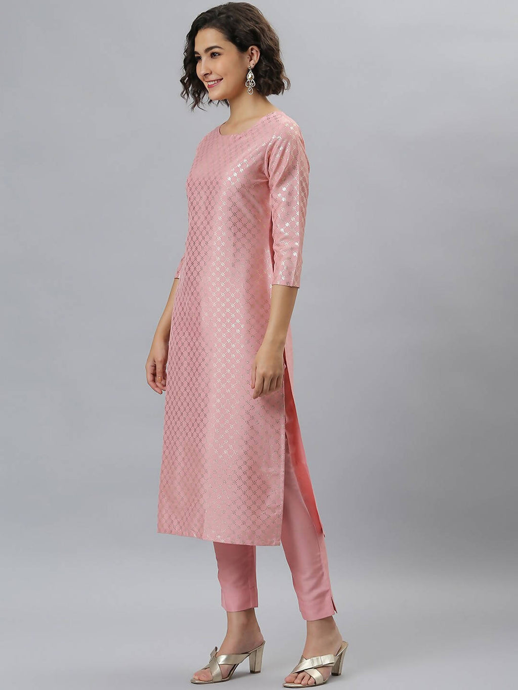 Janasya Women Mauve Woven Design Kurta with Trousers | Grocsy