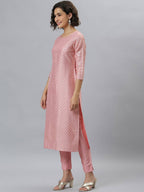 Janasya Women Mauve Woven Design Kurta with Trousers | Grocsy