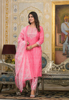 Partywear Designer Pink Cotton Stitched Suit With Dupatta - Tanisha | Grocsy