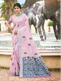 Sangam Prints Light Pink Linen Woven Work Traditional Saree | Grocsy