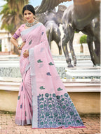 Sangam Prints Light Pink Linen Woven Work Traditional Saree | Grocsy