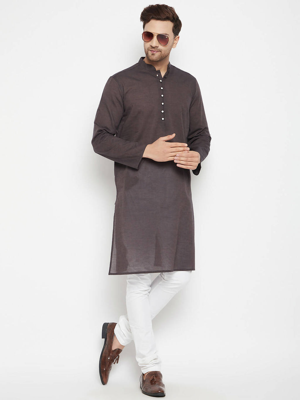 Even Apparels Brown Pure Cotton Long Men's Kurta With Band Collar | Grocsy