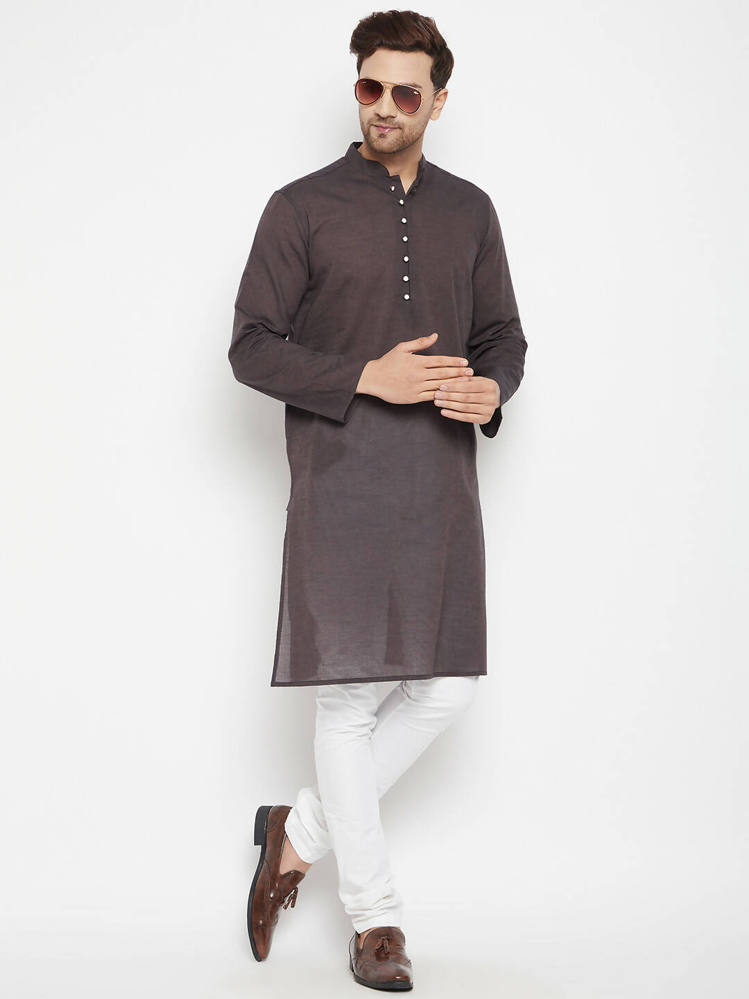 Even Apparels Brown Pure Cotton Long Men's Kurta With Band Collar | Grocsy