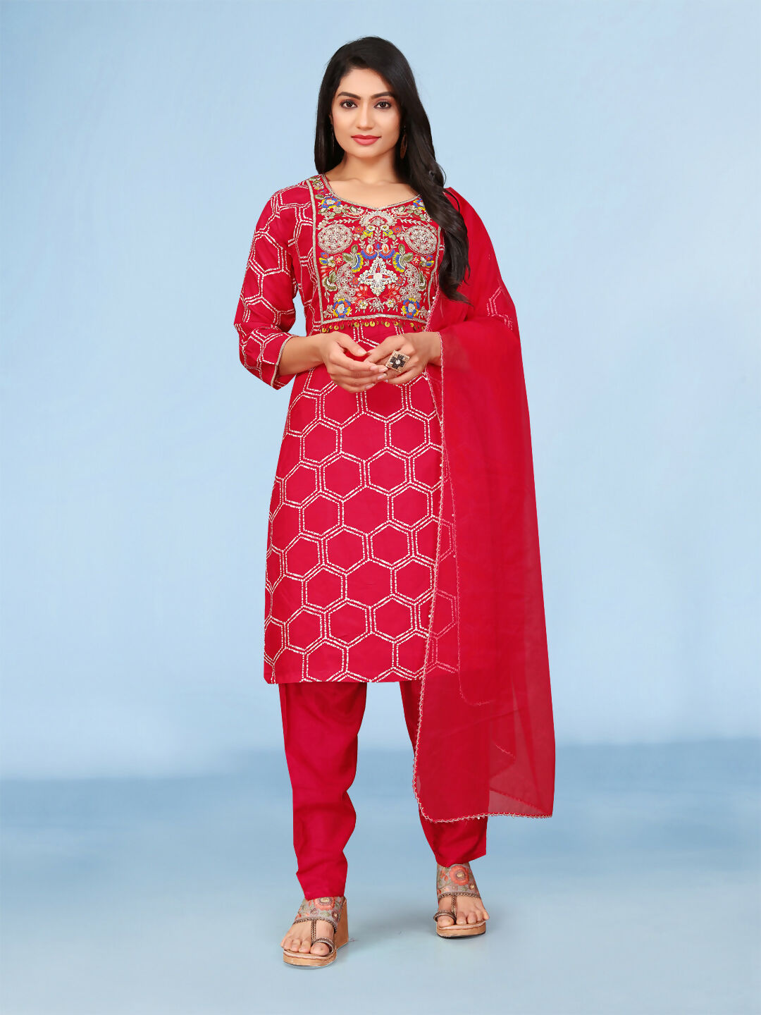 Joban Fashion Red Cotton Premium Pure Viscose Print Dola With Handwork Kurta set | Grocsy