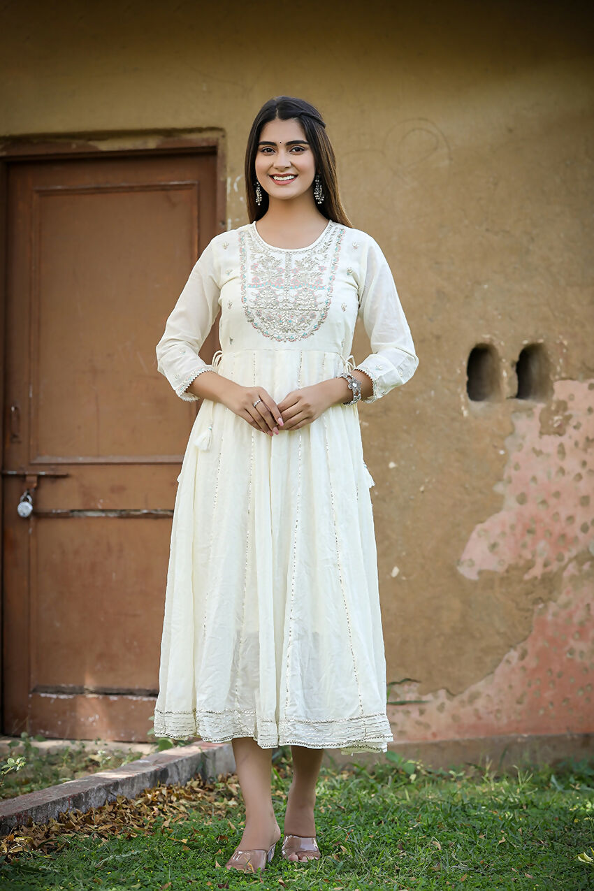 Kaajh Women's White Floral Embroidered Cotton Ethnic Dress | Grocsy