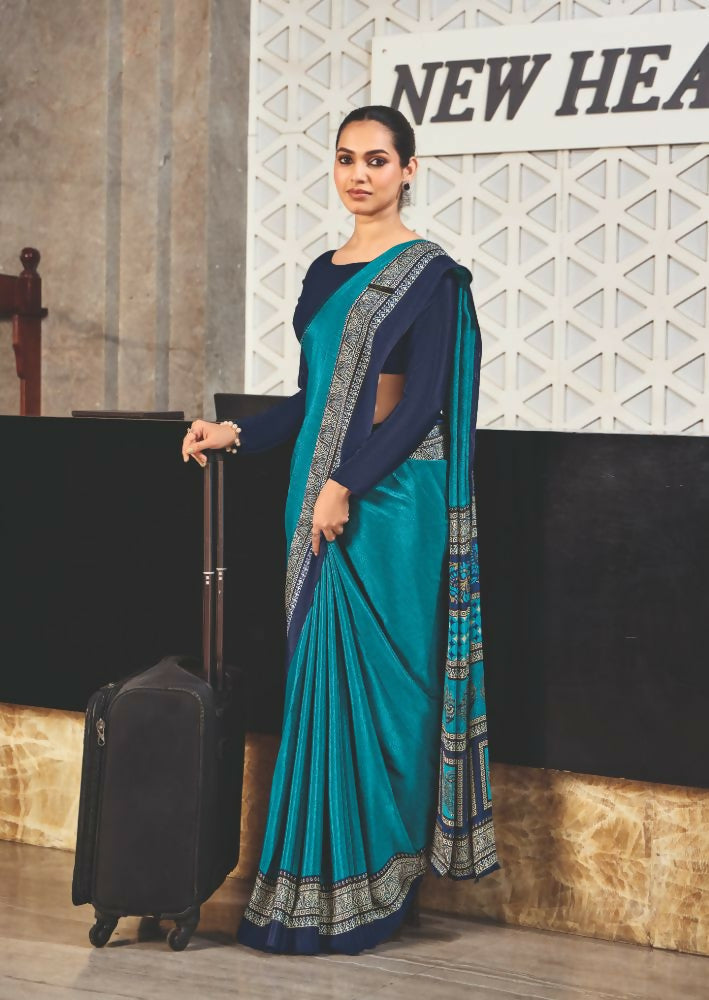 Joban Fashion Blue Crepe Silk with Traditional Print Saree | Grocsy
