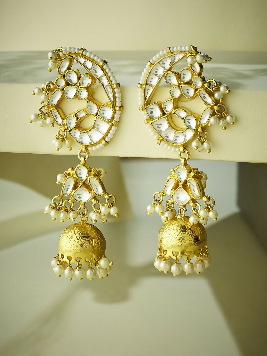 Nuyug 22K Gold-Plated Elegant Kundan Stone Studded & Pearl Drops Mini Jhumki Dangler Earrings | Grocsy