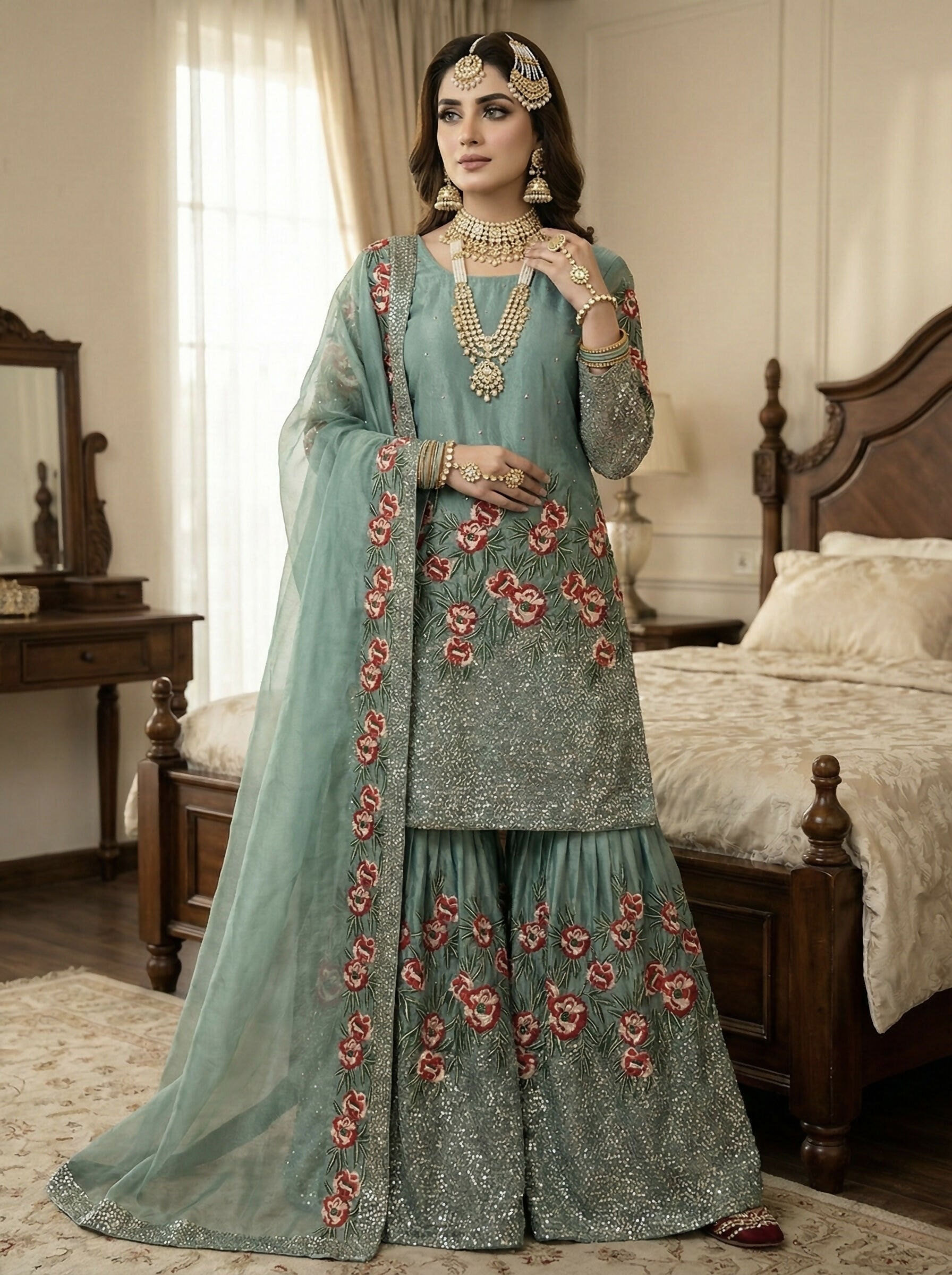 Teeya Creation Teal Fendy Silk Heavy Embroidery Work Party Wear Sharara Suit | Grocsy