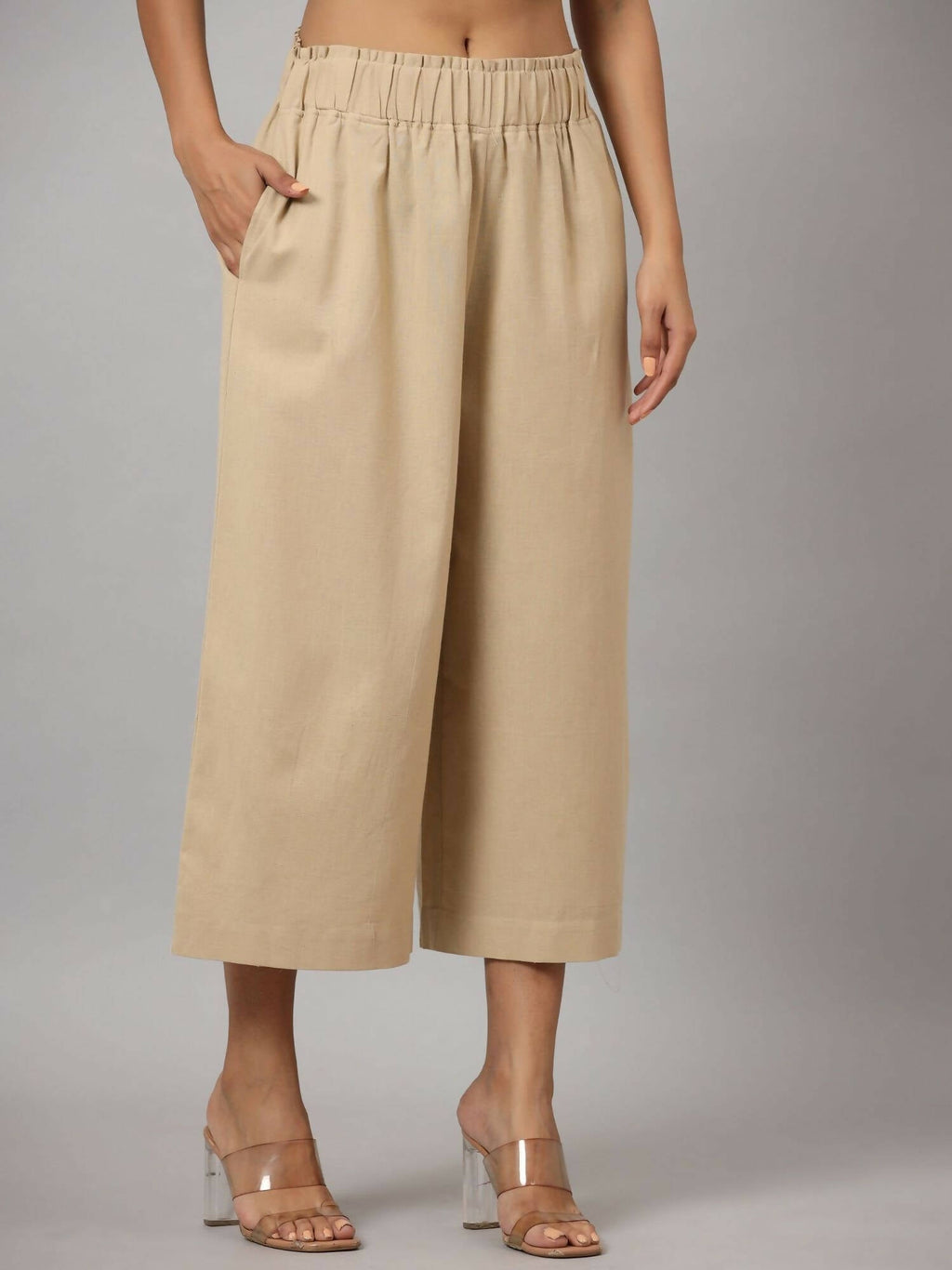 Juniper Women's Beige Cotton Flex Flared Culottes | Grocsy