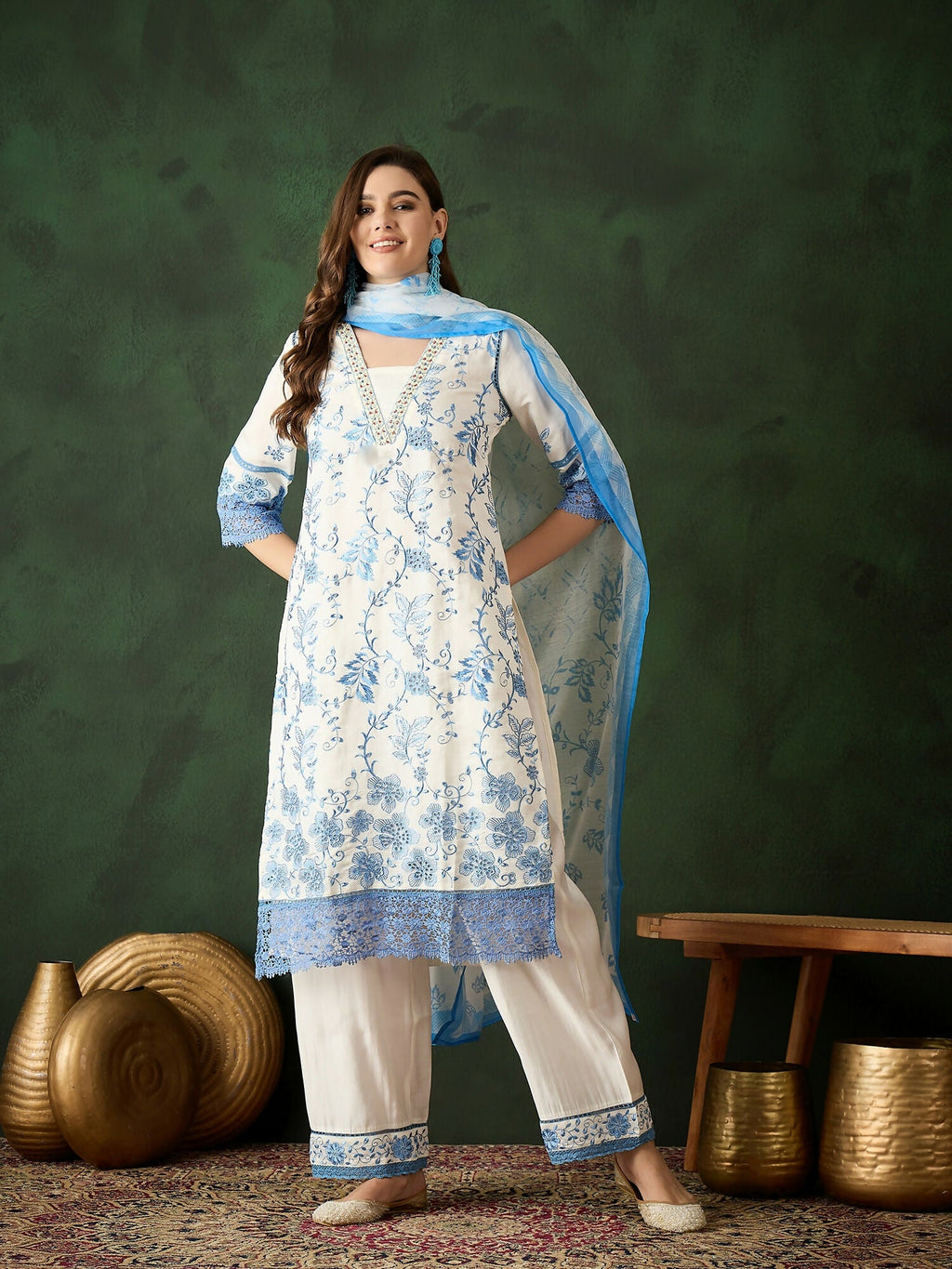 Blue & White Roman Silk Embroidered Kurta With Trouser & Dupatta - Bhumi | Grocsy
