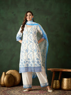 Blue & White Roman Silk Embroidered Kurta With Trouser & Dupatta - Bhumi | Grocsy