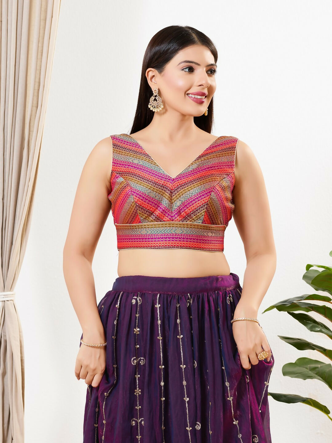 Joban Fashion Magenta Multi Brocade Padded Blouse With V Neck Sleeveless | Grocsy