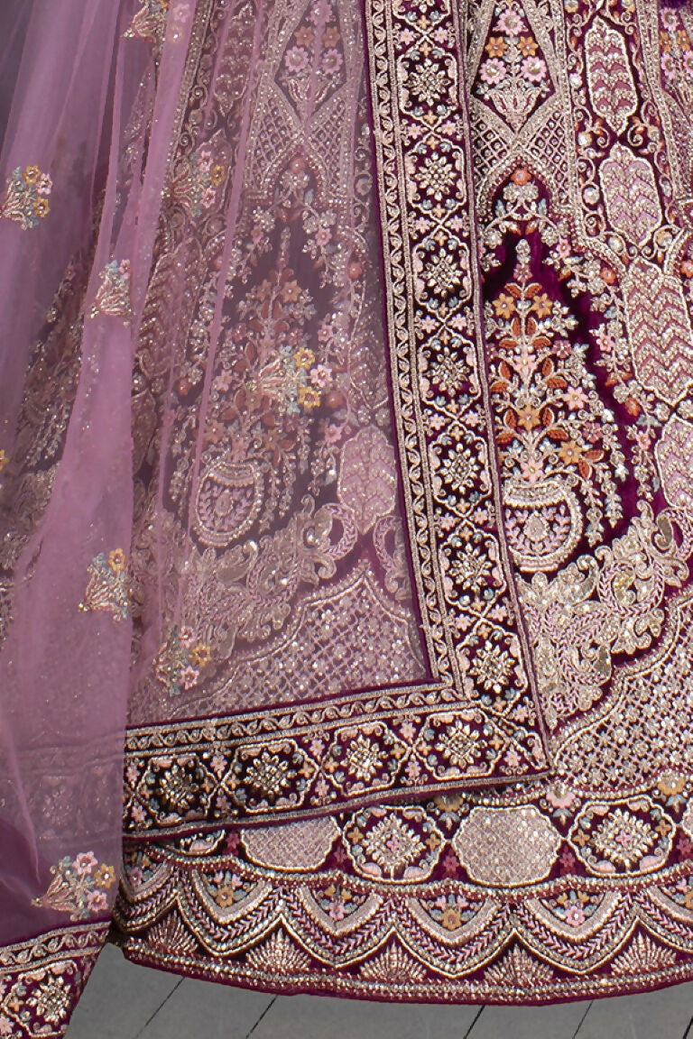 Purple Velvet Thread with Hand Work Semi Stitched Lehenga Choli with Dupatta - Nimaya Lagnotsav | Grocsy