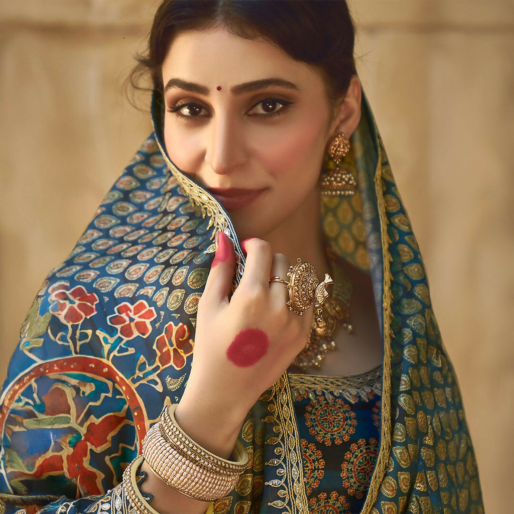Navy Blue Gajji Silk Gota With Handwork Saree With Unstitched Blouse - Norita Gajri | Grocsy