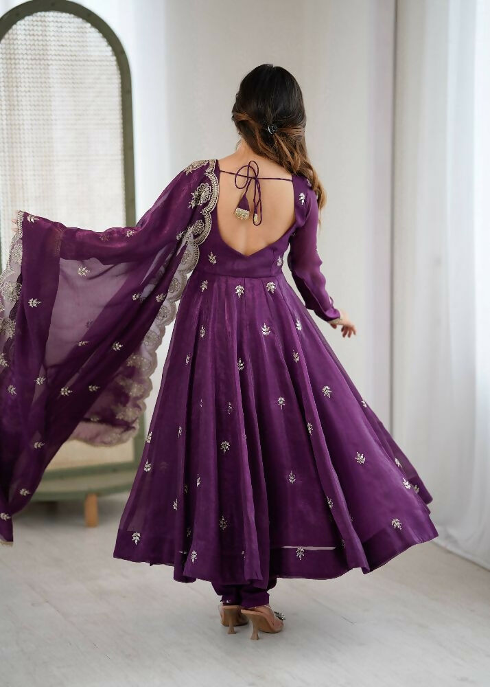 Teeya Creation Wine Color Crunchy Silk Embroidery Work Wedding Wear Gown | Grocsy