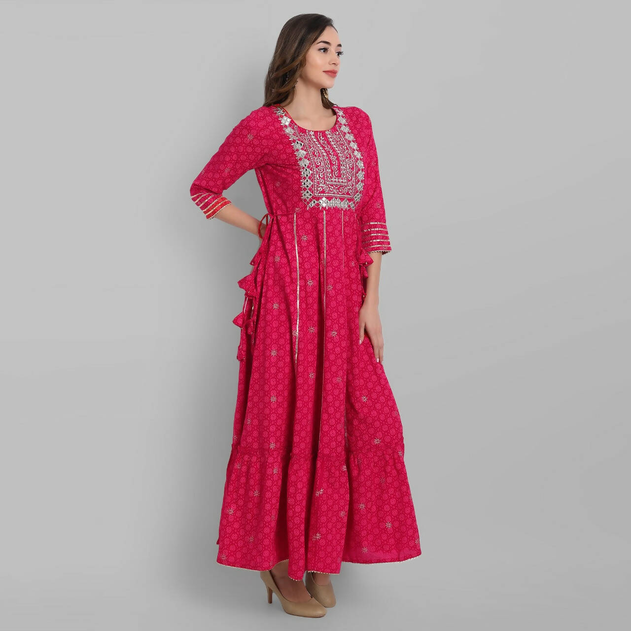 Juniper Fuchsia Rayon Festive Wear Embroidered Tiered Long Dress | Grocsy
